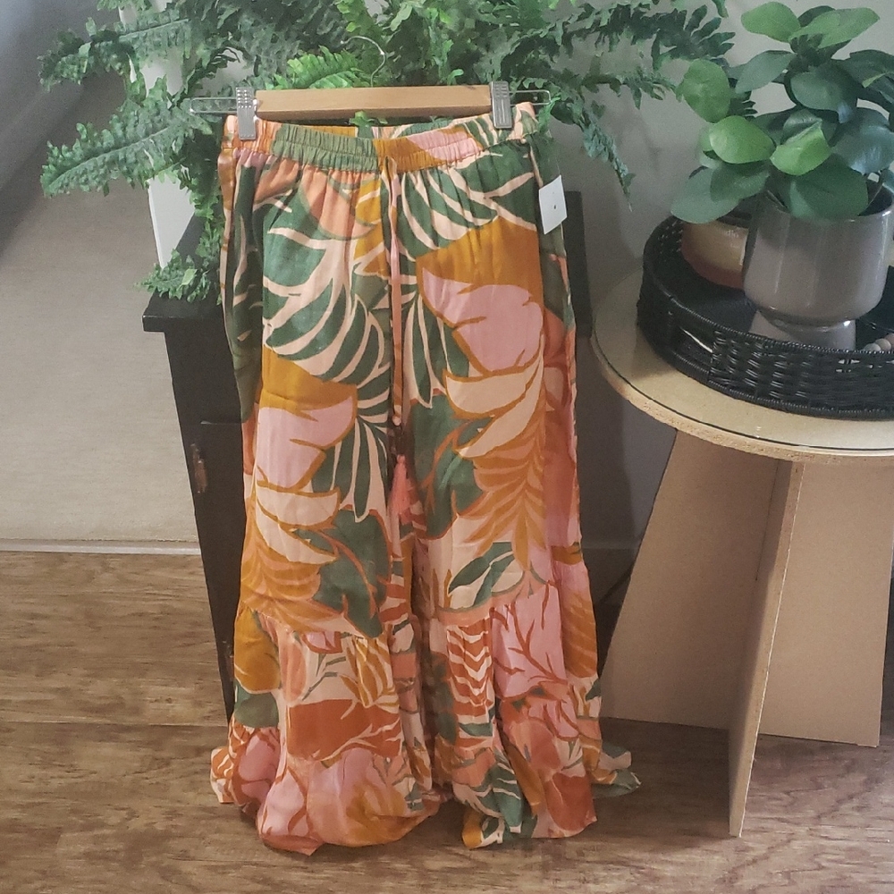 Tropical Print Wide-Leg Pants